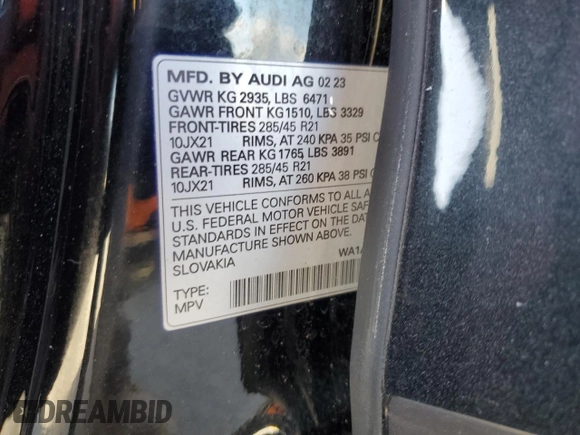 2023 Audi Q8 Premium with VIN WA1AVBF1XPD020187, listed as a Copart auction lot 75623334 with 8,308 mi miles and Salvage title. Bid and sale history available at DreamBid. Image 14.