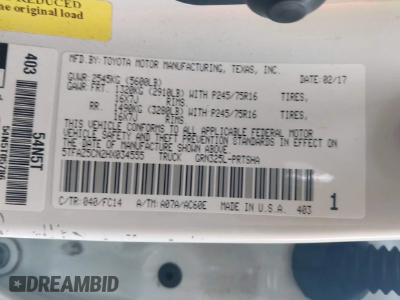 2017 Toyota Tacoma SR5 with VIN 5TFAZ5CN2HX034555, listed as a IAAI auction lot 41890292 with 133,465 mi miles and . Bid and sale history available at DreamBid. Image 9.
