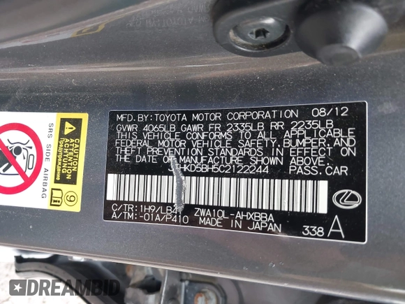 2012 Lexus CT 200h with VIN JTHKD5BH5C2122244, listed as a IAAI auction lot 42499720 with 180,789 mi miles and . Bid and sale history available at DreamBid. Image 9.