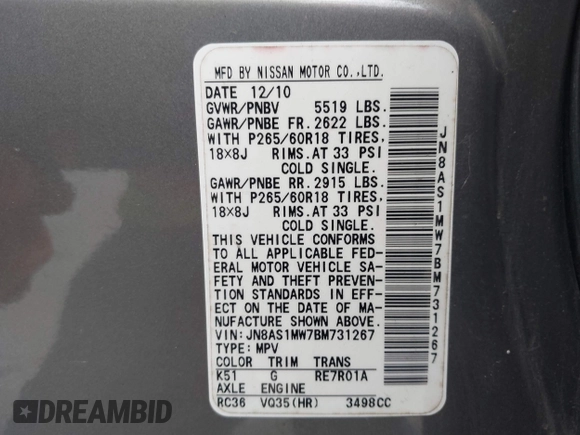 2011 Infiniti FX with VIN JN8AS1MW7BM731267, listed as a IAAI auction lot 41780959 with 236,675 mi miles and . Bid and sale history available at DreamBid. Image 9.