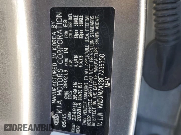 2015 Kia Soul with VIN KNDJN2A28F7236350, listed as a Copart auction lot 41474255 with 92,958 mi miles and Salvage Title. Bid and sale history available at carsss.com. Image 12.
