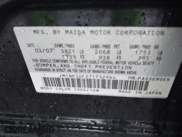2007 Mazda 3 i Sport with VIN JM1BK32F271732964, listed as a IAAI auction lot 41865745 with 124,846 mi miles and . Bid and sale history available at carsss.com. Image 9.