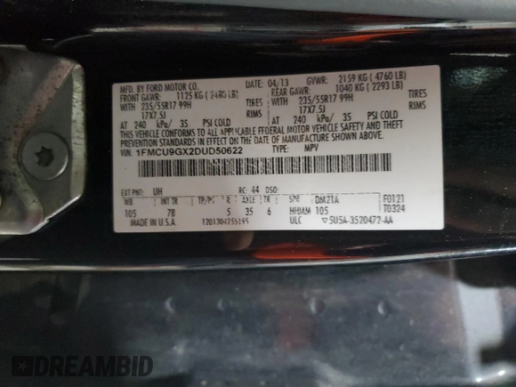 2013 Ford Escape SE with VIN 1FMCU9GX2DUD50622, listed as a Copart auction lot 51250945 with 120,378 mi miles and Salvage Title. Bid and sale history available at DreamBid. Image 14.