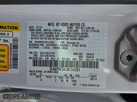 2020 Ford Fusion SEL with VIN 3FA6P0CD1LR154201, listed as a IAAI auction lot 42715761 with 99,448 mi miles and . Bid and sale history available at DreamBid. Image 40.