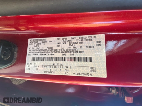 2022 Ford F-150 XL with VIN 1FTFW1E58NKD93244, listed as a Copart auction lot 55532315 with 254,832 mi miles and Clean Title. Bid and sale history available at carsss.com. Image 10.