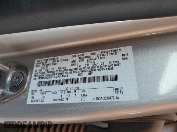 2020 Ford Escape SE with VIN 1FMCU0G61LUA11514, listed as a Copart auction lot 64854695 with 23,228 mi miles and Salvage title. Bid and sale history available at DreamBid. Image 12.