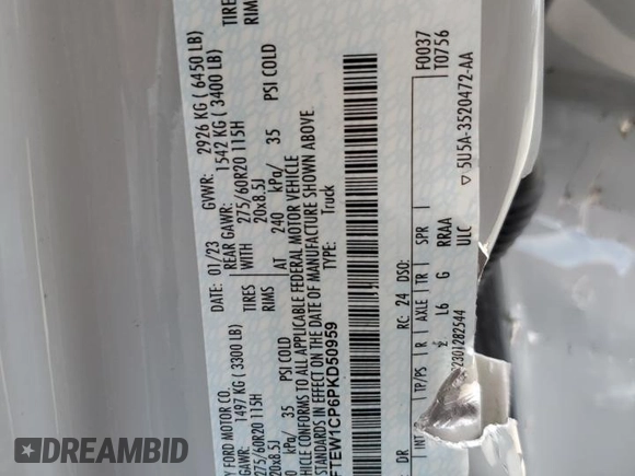 2023 Ford F-150 XL z VIN 1FTEW1CP6PKD50959, wystawiony jako Copart lot #58478275 z przebiegiem Nie podano mil oraz Nie do naprawy • Non repairable. Historia ofert i sprzedaży dostępna na DreamBid. Obrazek 12.