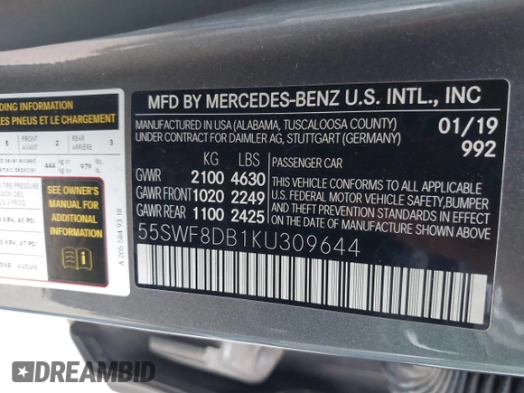 2019 Mercedes-Benz C 300 with VIN 55SWF8DB1KU309644, listed as a IAAI auction lot 41886116 with Not Provided miles and . Bid and sale history available at DreamBid. Image 9.