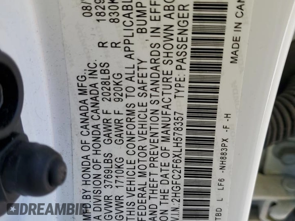 2020 Honda Civic LX z VIN 2HGFC2F6XLH578357, wystawiony jako Copart lot #53574395 z przebiegiem 31 041 mil mil oraz Szkoda całkowita • Salvage title. Historia ofert i sprzedaży dostępna na DreamBid. Obrazek 12.
