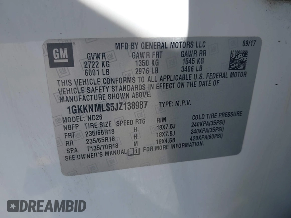 2018 GMC Acadia SLT z VIN 1GKKNMLS5JZ138987, wystawiony jako IAAI lot #42192278 z przebiegiem 109 724 mil mil oraz . Historia ofert i sprzedaży dostępna na DreamBid. Obrazek 9.
