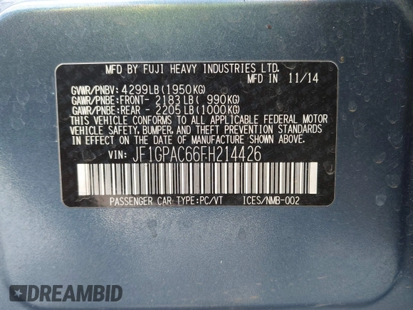 2015 Subaru Impreza Premium с VIN JF1GPAC66FH214426, выставлен на аукционе IAAI как лот 42163094 с пробегом 133 436 миль миль и . История ставок и продаж доступна на DreamBid. Изображение 9.