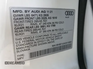 2022 Audi Q8 Premium Plus with VIN WA1BVBF1XND010860, listed as a Copart auction lot 43345745 with 34,568 mi miles and Salvage Title. Bid and sale history available at carsss.com. Image 13.
