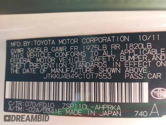 2012 Scion xD z VIN JTKKU4B49C1017553, wystawiony jako IAAI lot #41481568 z przebiegiem 178 670 mil mil oraz . Historia ofert i sprzedaży dostępna na DreamBid. Obrazek 9.