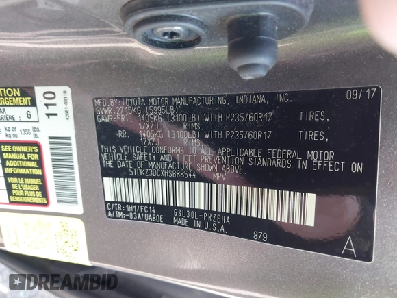 2017 Toyota Sienna LE Auto Access Seat with VIN 5TDKZ3DCXHS888544, listed as a IAAI auction lot 42015252 with 76,378 mi miles. Bid and sale history available at carsss.com. Image 9.