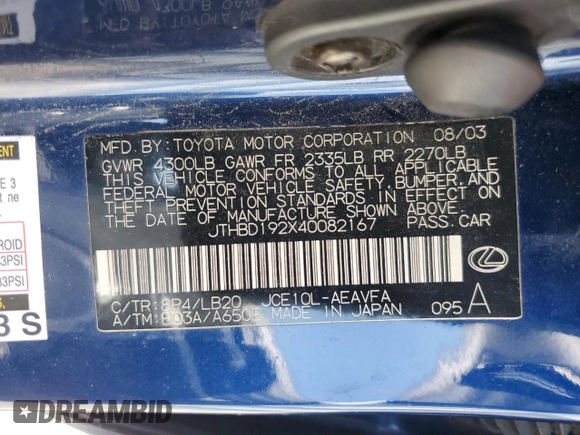 2004 Lexus IS 300/350 with VIN JTHBD192X40082167, listed as a Copart auction lot 55100765 with 192,214 mi miles and Clean Title. Bid and sale history available at carsss.com. Image 12.