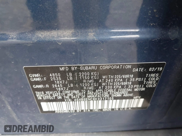 2019 Subaru Outback Limited with VIN 4S4BSENC8K3317105, listed as a IAAI auction lot 42070322 with 59,382 mi miles and . Bid and sale history available at DreamBid. Image 9.