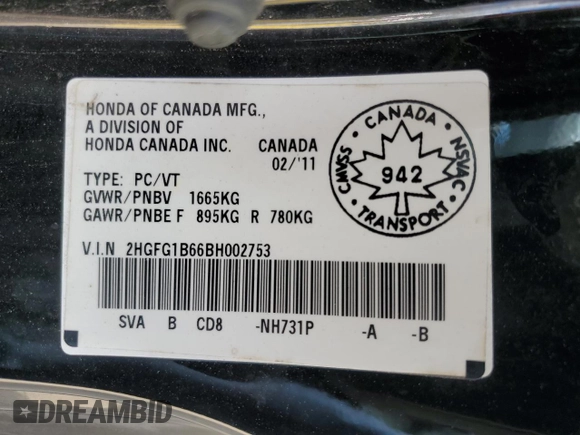 2011 Honda Civic Cpe LX with VIN 2HGFG1B66BH002753, listed as a Copart auction lot 72696164 with 200,377 mi miles and Salvage Title. Bid and sale history available at carsss.com. Image 12.