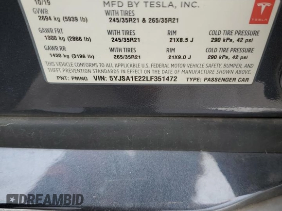 2020 Tesla Model S Long Range with VIN 5YJSA1E22LF351472, listed as a Copart auction lot 56195695 with 76,311 mi miles and Salvage title. Bid and sale history available at DreamBid. Image 12.