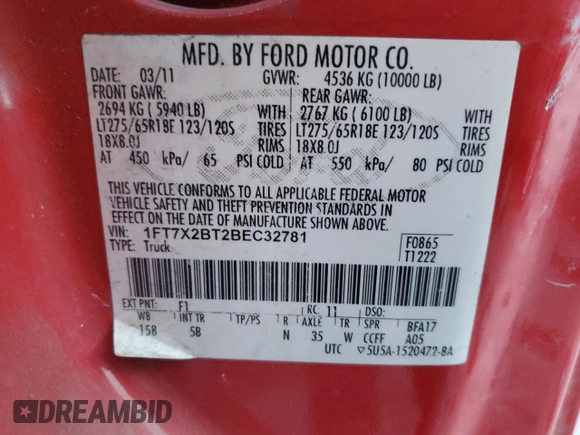 2011 Ford F-250 XL with VIN 1FT7X2BT2BEC32781, listed as a Copart auction lot 42215145 with Not Provided miles and Salvage Title. Bid and sale history available at DreamBid. Image 13.