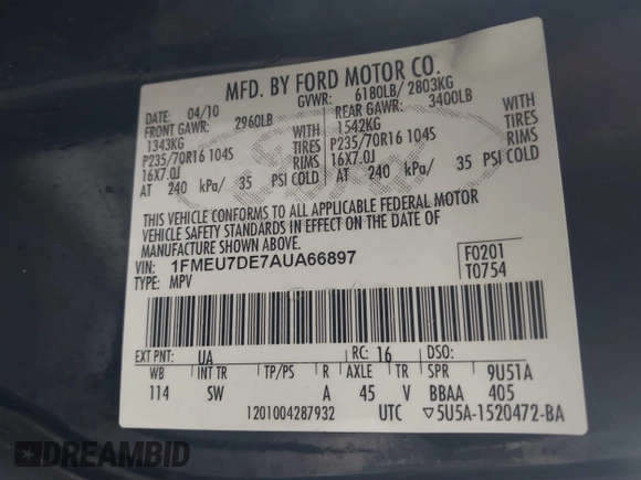 2010 Ford Explorer XLT с VIN 1FMEU7DE7AUA66897, выставлен на аукционе IAAI как лот 41113156 с пробегом 161 952 миль миль и . История ставок и продаж доступна на DreamBid. Изображение 9.