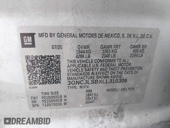 2020 Chevrolet Trax LT with VIN 3GNCJLSBXLL310309, listed as a IAAI auction lot 41893367 with 93,418 mi miles and . Bid and sale history available at DreamBid. Image 9.
