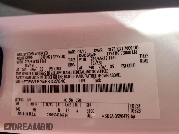 2015 Ford F-150 XLT with VIN 1FTEW1EG4FKD27840, listed as a Copart auction lot 57405215 with 134,036 mi miles and Salvage title. Bid and sale history available at DreamBid. Image 12.