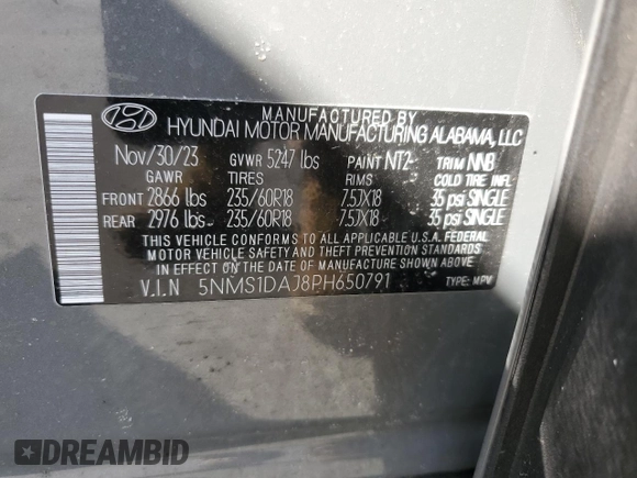 2023 Hyundai Santa Fe SE z VIN 5NMS1DAJ8PH650791, wystawiony jako Copart lot #48400865 z przebiegiem 8 083 mil mil oraz Szkoda całkowita • Salvage title. Historia ofert i sprzedaży dostępna na DreamBid. Obrazek 15.
