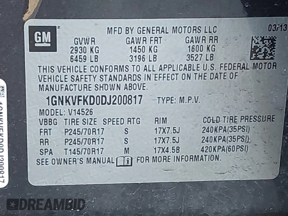 2013 Chevrolet Traverse LS with VIN 1GNKVFKD0DJ200817, listed as a IAAI auction lot 41764395 with 143,609 mi miles and . Bid and sale history available at DreamBid. Image 9.