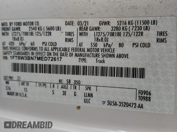 2021 Ford F-350 XL with VIN 1FT8W3BN7MED72617, listed as a Copart auction lot 61134705 with 95,600 mi miles and Salvage title. Bid and sale history available at DreamBid. Image 12.