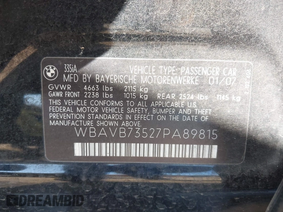 2007 BMW 3 Series 335i with VIN WBAVB73527PA89815, listed as a IAAI auction lot 41956634 with 119,121 mi miles and . Bid and sale history available at DreamBid. Image 9.
