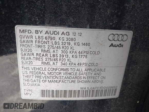 2013 Audi Q7 Premium Plus z VIN WA1LGAFE3DD009852, wystawiony jako IAAI lot #42310347 z przebiegiem 179 483 mil mil oraz . Historia ofert i sprzedaży dostępna na DreamBid. Obrazek 9.