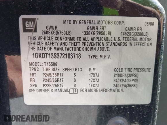 2007 GMC Envoy SLE with VIN 1GKDT13S372103718, listed as a IAAI auction lot 41886111 with 238,423 mi miles. Bid and sale history available at carsss.com. Image 9.