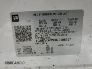 2022 Chevrolet Traverse LT Cloth with VIN 1GNEVGKWXNJ108717, listed as a Copart auction lot 44271965 with 75,959 mi miles and Salvage title. Bid and sale history available at DreamBid. Image 13.