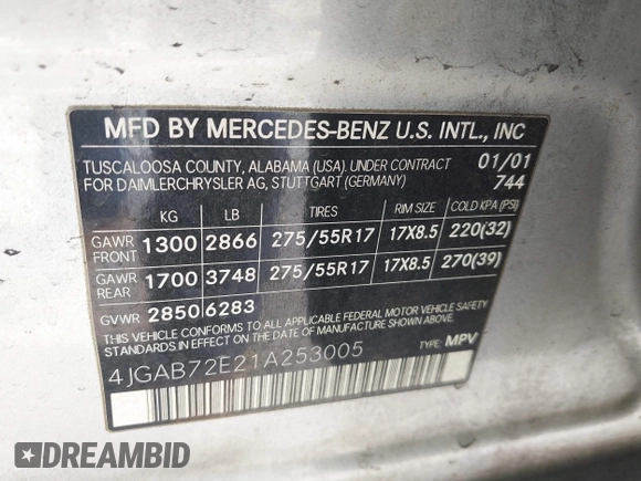 2001 Mercedes-Benz M 320/430/500 z VIN 4JGAB72E21A253005, wystawiony jako IAAI lot #42337921 z przebiegiem 171 529 mil mil oraz . Historia ofert i sprzedaży dostępna na DreamBid. Obrazek 9.