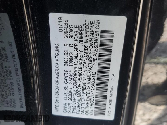2019 Honda Accord Sport with VIN 1HGCV2F32KA008112, listed as a Copart auction lot 65229765 with 69,001 mi miles and Salvage title. Bid and sale history available at DreamBid. Image 13.
