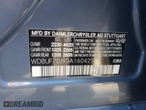 2003 Mercedes-Benz E-Class 5.0L with VIN WDBUF70J93A160425, listed as a Copart auction lot 85186494 with 185,348 mi miles and Salvage Title. Bid and sale history available at carsss.com. Image 12.