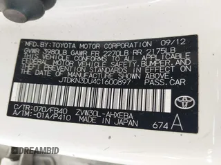2012 Toyota Prius One with VIN JTDKN3DU4C1600897, listed as a IAAI auction lot 42152349 with 185,611 mi miles. Bid and sale history available at carsss.com. Image 9.