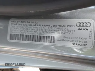 2012 Audi A7 Prestige with VIN WAU2GAFC3CN134940, listed as a IAAI auction lot 42649389 with 163,450 mi miles and . Bid and sale history available at DreamBid. Image 9.