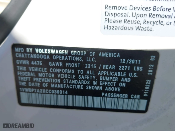 2012 Volkswagen Passat SE with VIN 1VWBP7A3XCC039314, listed as a IAAI auction lot 41741077 with 169,305 mi miles. Bid and sale history available at carsss.com. Image 9.