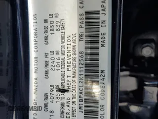 2019 Mazda 3 w/Select with VIN JM1BPACL2K1112568, listed as a Copart auction lot 88020335 with 53,446 mi miles and Salvage Title. Bid and sale history available at carsss.com. Image 12.