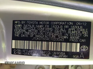 2012 Toyota Prius One with VIN JTDKDTB34C1023043, listed as a IAAI auction lot 41858671 with 91,497 mi miles and . Bid and sale history available at DreamBid. Image 9.