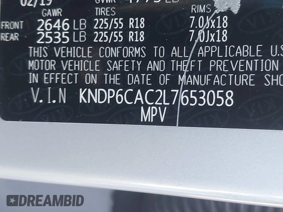 2020 Kia Sportage S with VIN KNDP6CAC2L7653058, listed as a IAAI auction lot 41477848 with 124,066 mi miles. Bid and sale history available at carsss.com. Image 9.