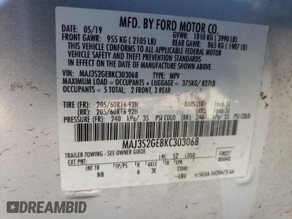 2019 Ford EcoSport SE z VIN MAJ3S2GE8KC303068, wystawiony jako Copart lot #47248645 z przebiegiem 94 481 mil mil oraz Szkody całkowita. Historia ofert i sprzedaży dostępna na DreamBid. Obrazek 15.