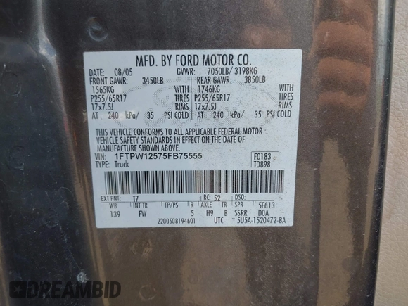 2005 Ford F-150 XLT with VIN 1FTPW12575FB75555, listed as a IAAI auction lot 42586855 with 265,465 mi miles and . Bid and sale history available at DreamBid. Image 9.