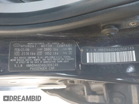2006 Hyundai Elantra GLS z VIN KMHDN46D46U306149, wystawiony jako IAAI lot #42118244 z przebiegiem 101 972 mil mil oraz . Historia ofert i sprzedaży dostępna na DreamBid. Obrazek 9.