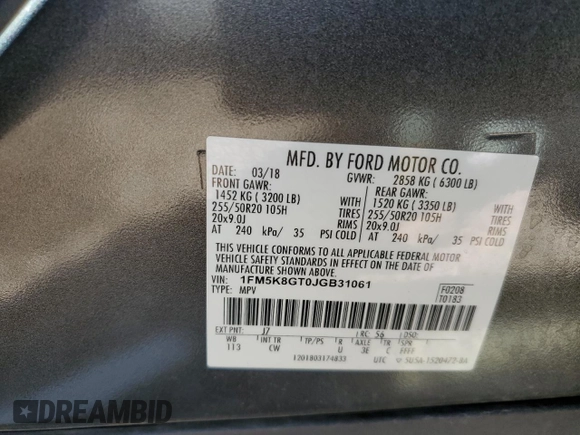2018 Ford Explorer Sport with VIN 1FM5K8GT0JGB31061, listed as a Copart auction lot 58143375 with 97,149 mi miles and Salvage title. Bid and sale history available at DreamBid. Image 13.