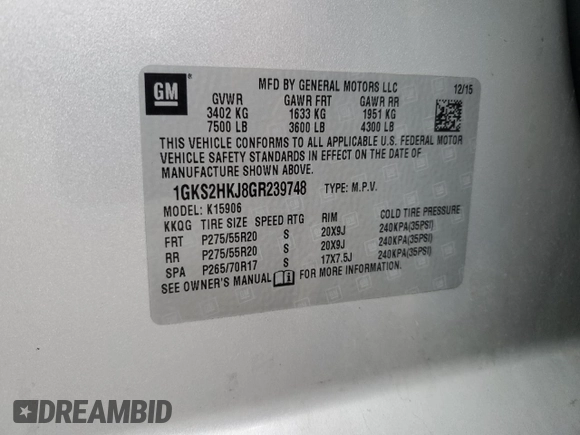 2016 GMC Yukon XL Denali with VIN 1GKS2HKJ8GR239748, listed as a Copart auction lot 71852054 with 112,471 mi miles and Salvage Title. Bid and sale history available at carsss.com. Image 14.