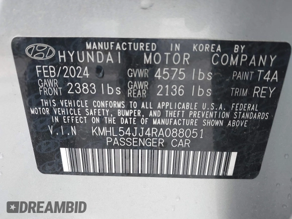 2024 Hyundai Sonata Hybrid Limited with VIN KMHL54JJ4RA088051, listed as a IAAI auction lot 42105893 with 12,134 mi miles. Bid and sale history available at carsss.com. Image 9.