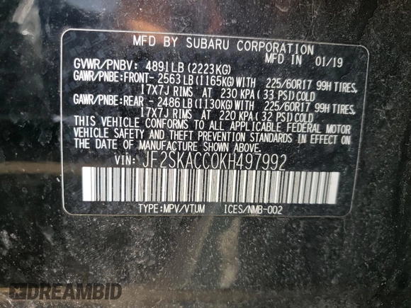 2019 Subaru Forester with VIN JF2SKACC0KH497992, listed as a Copart auction lot 46787385 with 96,839 mi miles and Salvage Title. Bid and sale history available at carsss.com. Image 13.