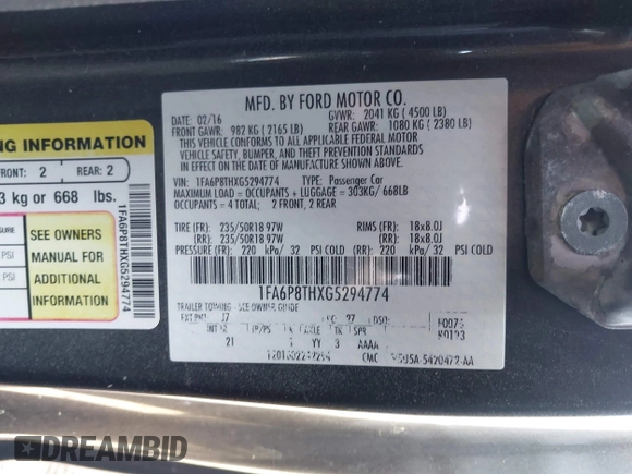 2016 Ford Mustang EcoBoost with VIN 1FA6P8THXG5294774, listed as a IAAI auction lot 41888258 with 94,247 mi miles. Bid and sale history available at carsss.com. Image 9.